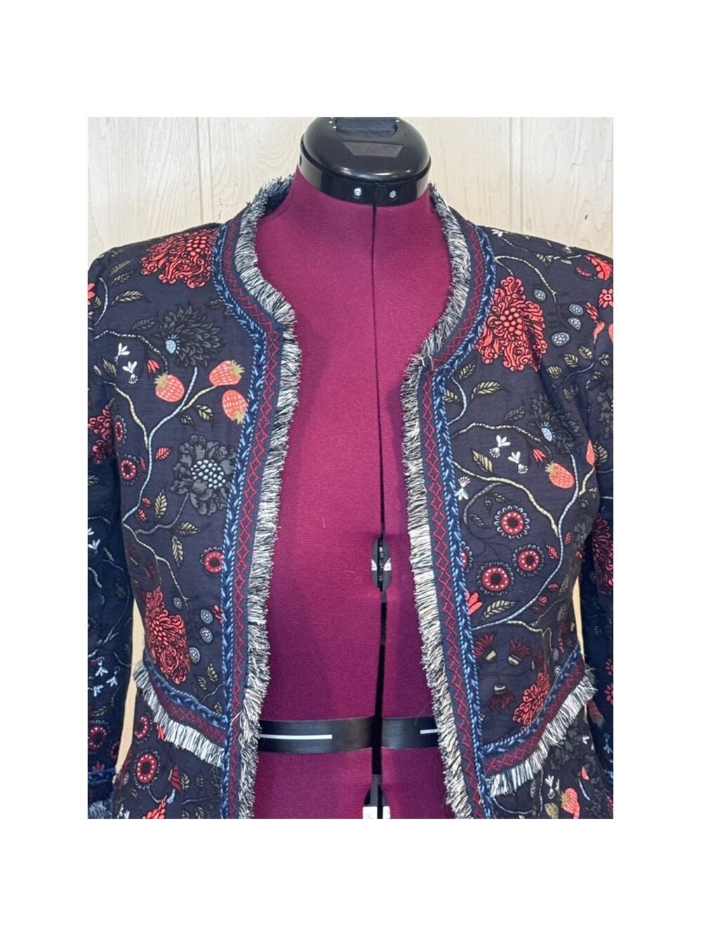 LOFT Primevira Strawberry Embroidered Fringe Open Black Red jacket size 4 - Picture 3 of 16
